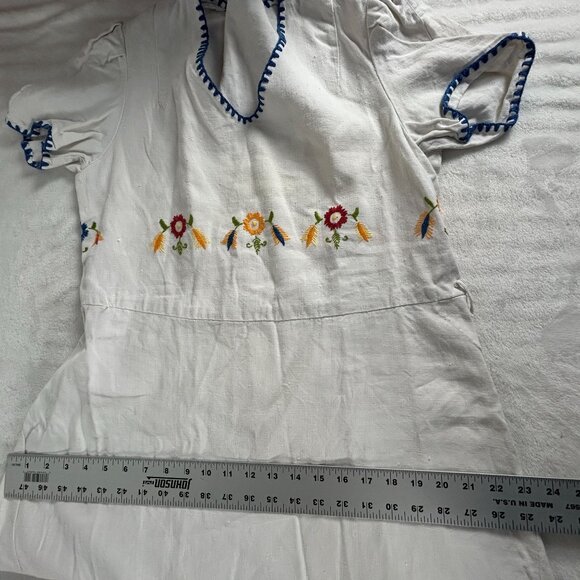 Vintage Womens White Embroidered Floral Cotton Dress V-Neck Short Sleeve - Picture 7 of 10